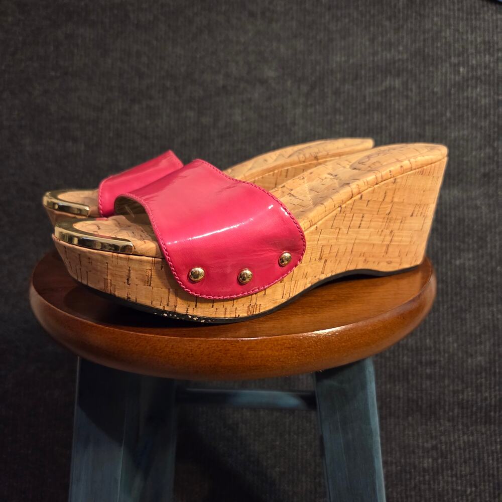 Y2k Boho Cork Wedge Slide Sandal Hot Pink Women's 8.5 Gold Stud Me Too Brand